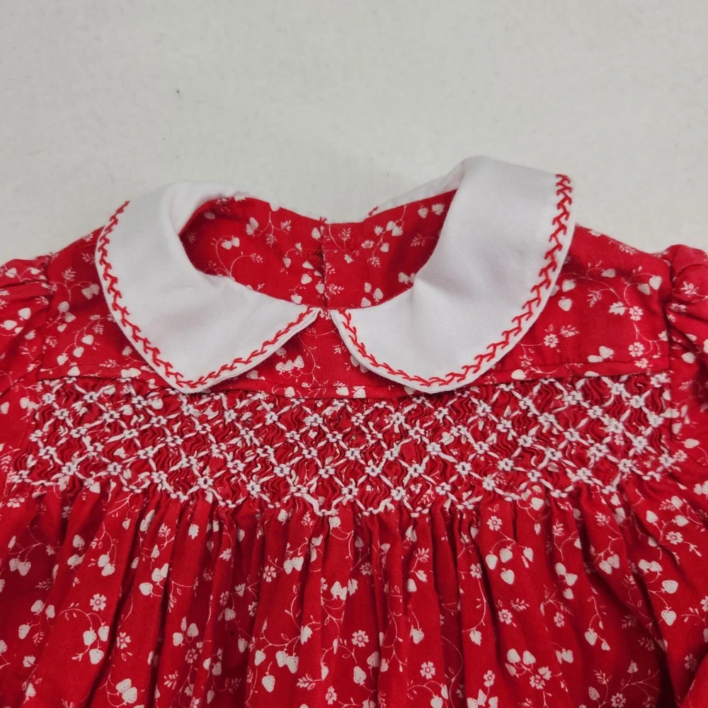 Vintage Handmade Red White Floral Smocked Dress Peter Pan Collar Toddler